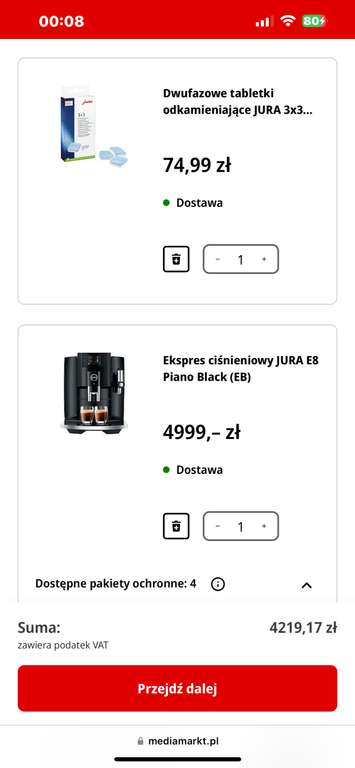 Ceny obniżone o VAT w Media Markt np.Jura E8 EC (pralki, lodówki, piekarniki, ekspresy do kawy)