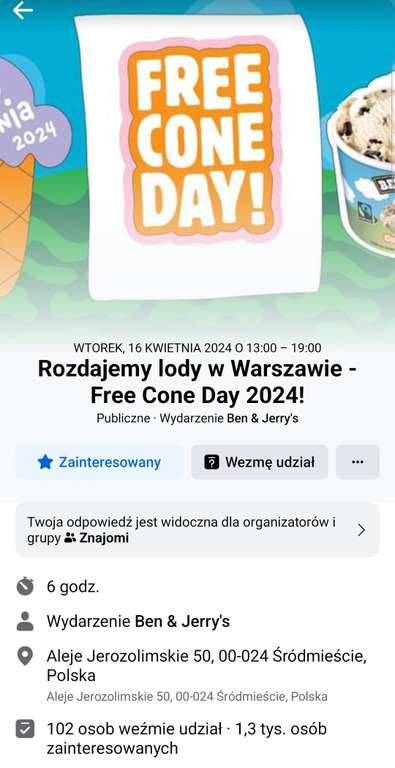 Darmowy kubeczek lodów Ben&Jerry's z okazji urodzin firmy. Warszawa 16.04.2024
