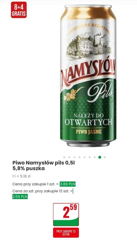 Piwo Namysłów pils 0,5l 5,8% puszka 8+4 gratis (cena przy zakupie 12szt.)