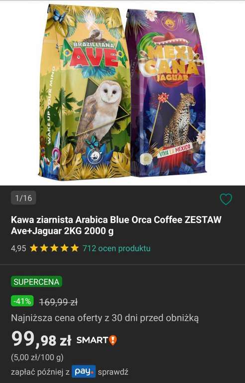 Kawa ziarnista Arabica Blue Orca Coffee zestaw Ave+ Jaguar 2kg
