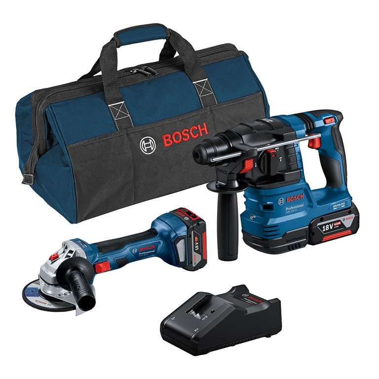 Bosch Professional Combo Kit GWS 18V-7 + GBH 18V-22 (w zestawie 2 x akumulator 4,0 Ah, ładowarka GAL 18V-40, w torbie na narzędzia) 310.07€