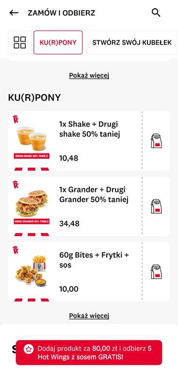 5 Hot Wings z sosem gratis do zamówienia za min. 80 zł w aplikacji KFC