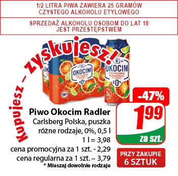 Piwo Okocim Radler 0% 0,5L \Różne rodzaje\ cena puszki przy zakupie 6 @Dino
