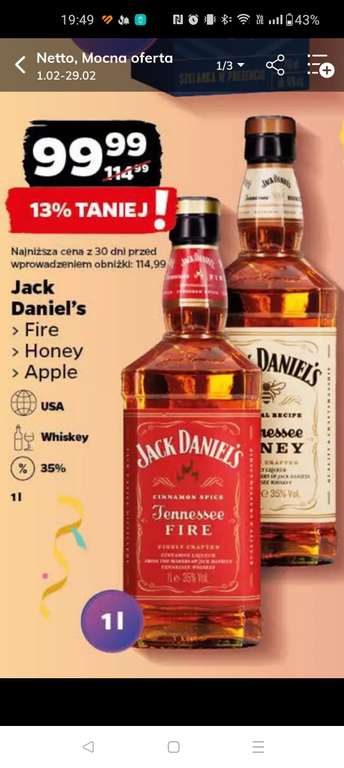 Jack Daniel's 1l Fire, Honey, Apple @ Netto , Lidl