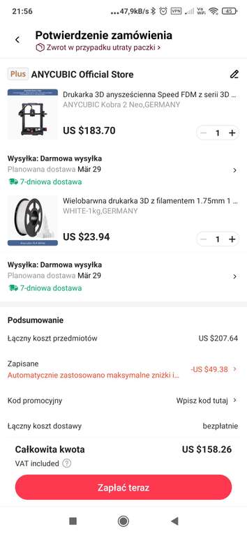 Drukarka 3D Anycubic Kobra 2 neo + 1kg PLA Aliexpress 158,26 USD ok 630 zł