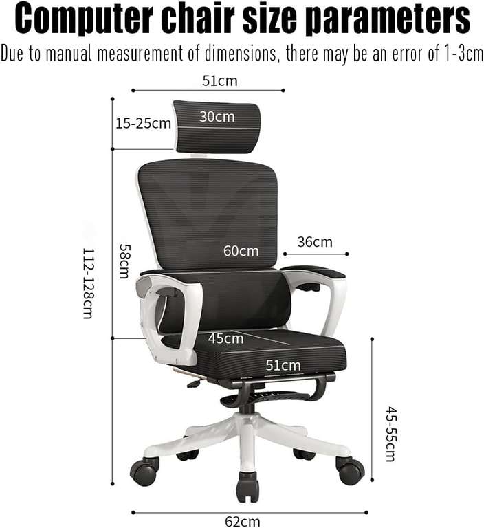 Ergonomiczne krzesło biurowe z siatką z poduszką lędźwiową i wysuwanym podnóżkiem regulowana wysokość, obrotowe