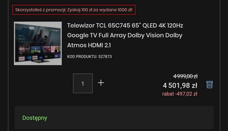 Telewizor LCD TCL 65" C745 + kamera Hama / 4K HDR / FALD / 1000 nit / 144Hz (FullHD 240Hz) / GoogleTV / QLED / Dolby Vision / HDMI 2.1
