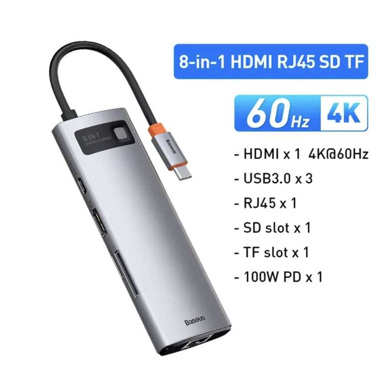 Baseus 4K 60Hz USB C Hub typu C 8 w 1 / Ethernet / PD 100W / USB 3.0 Hub / HDMI / Koncentrator - $20.75