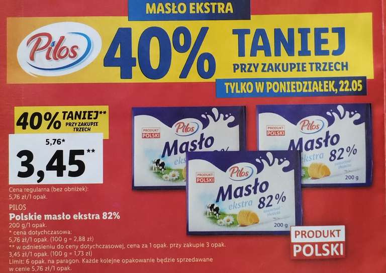 Masło ekstra 82% Pilos 200g cena 1 kostki przy zakupie 3 @Lidl