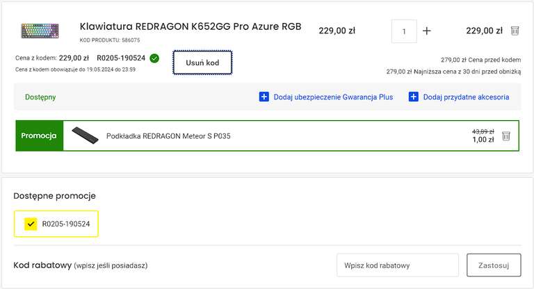 Klawiatura REDRAGON K652GG Pro Azure RGB za 229 w MEX + podkładka pod nadgarstki REDRAGON Meteor S P035 za 1 zł
