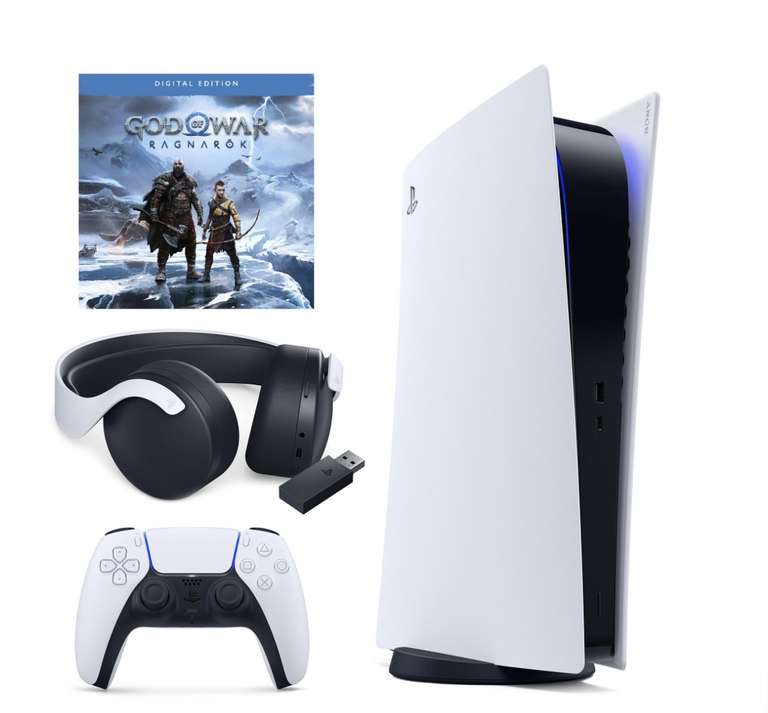Konsola SONY PlayStation 5 Digital + God Of War Ragnarok (klucz aktywacyjny) + Słuchawki SONY Pulse 3D Biały