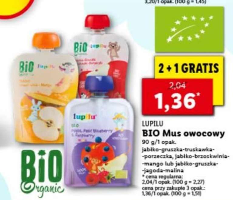 2+1 Bio Mus owocowy lupilu, różne smaki 90g - Lidl
