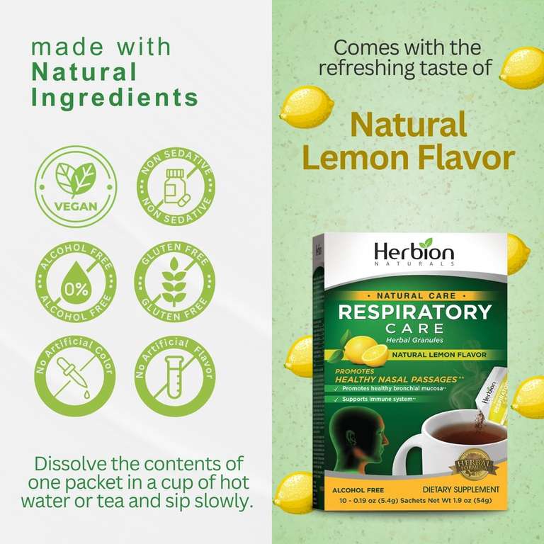 Herbion Naturals Granulki do pielęgnacji układu oddechowego o naturalnym smaku cytryny, 10 saszetek