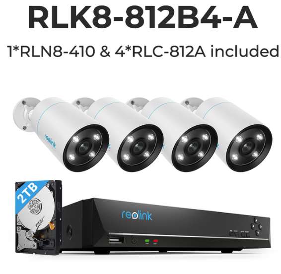 Zestaw do monitoringu Reolink RLK8-810B4-A (8 kanałów, 4 kamery 4K UHD, NVR 2TB) z wysyłką z Niemiec @ AliExpress