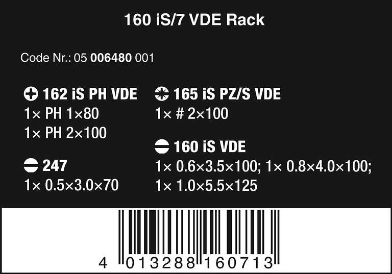 Zestaw wkrętaków VDE WERA Kraftform 160iS/7 Seria 100 (05006480001) - 7 częściowy + wieszak