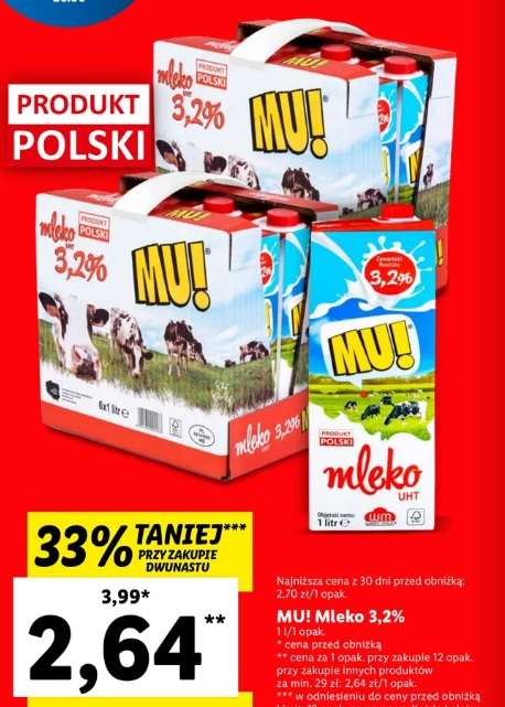 Mleko 3,2% Lidl przy zakupie 12 sztuk i zakupach za 29 zł