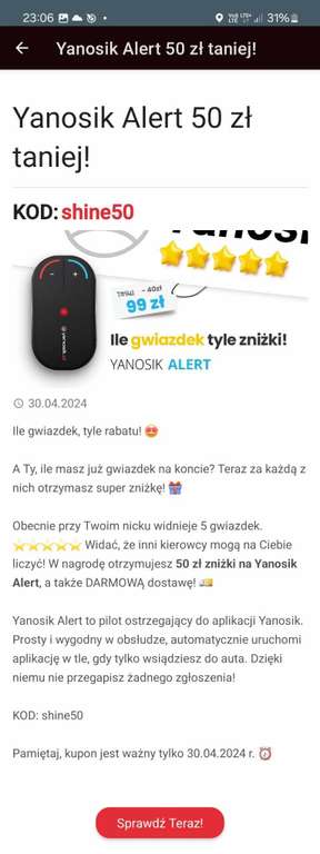 Yanosik alert - kod - 50 zł + darmowa dostawa