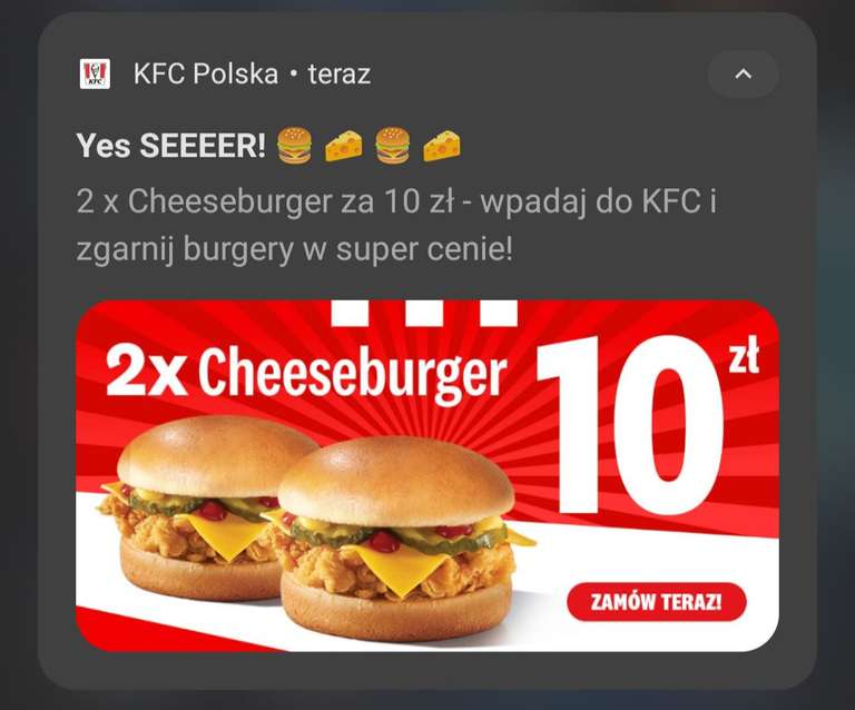 KFC 2 cheeseburgery za 10 zł, przedłużenie