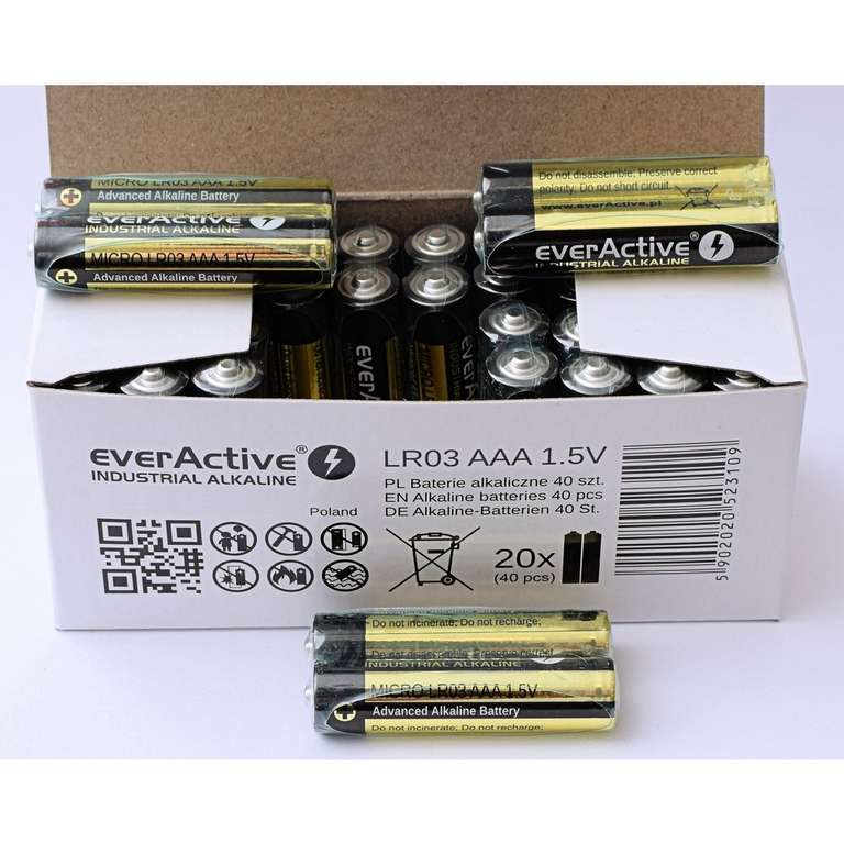 Bateria alkaliczna AAA, LR03 everActive Industrial - 40 sztuk (pakowane po 2 sztuki) - 0,68 zł / sztuka, potwierdzone pojemności w testach