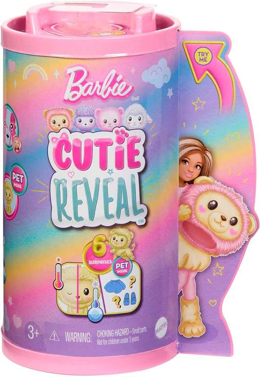 Barbie Cutie Reveal Chelsea Lew Lalka Seria Słodkie stylizacje Mała lalka w kostiumie lwa z 6 niespodziankami, w tym zmianą koloru, HKR21