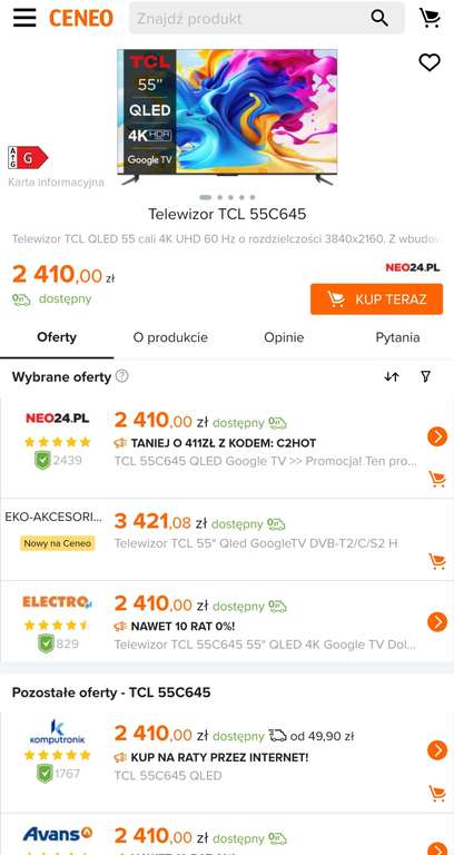 Telewizor QLED TCL 55C645 55" 4K UHD czarny