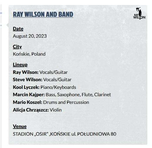 Koncert Raya Wilsona - Końskie 20.08 - Wstęp Wolny