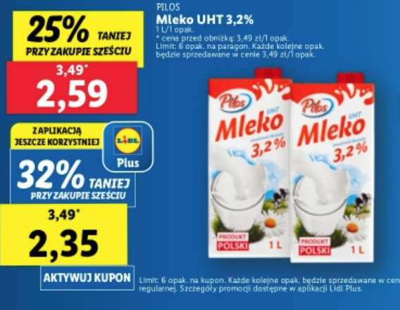 Mleko Pilos 3,2% 1L cena 1 sztuki przy zakupie 6 @Lidl