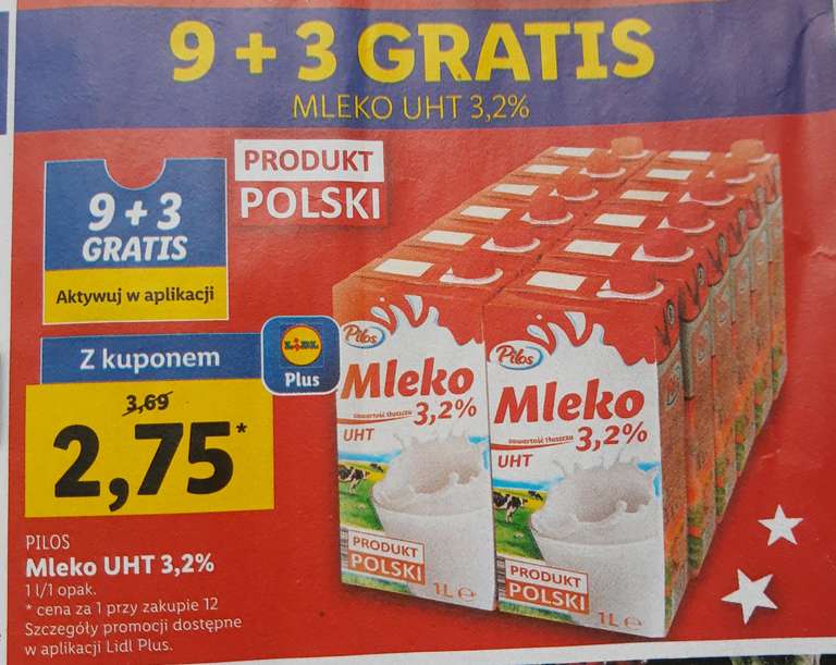 Mleko Pilos 3,2% cena 1 sztuki przy zakupie 12 w aplikacji @Lidl
