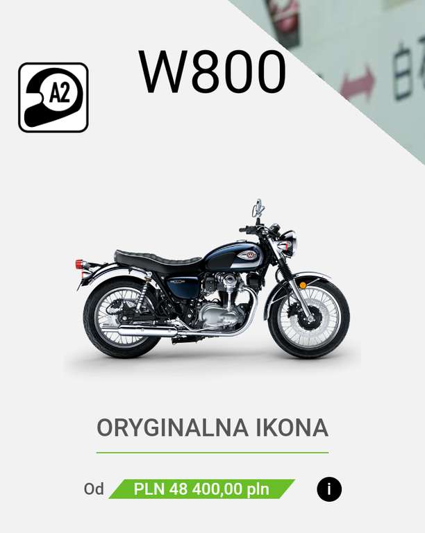 Kawasaki retro W800cm3 dwu cylindrowy na kat.A2 4lata gwarancji 2023r. (możliwe taniej rocznik 2021 za 48400zl taniej o 3600zl)