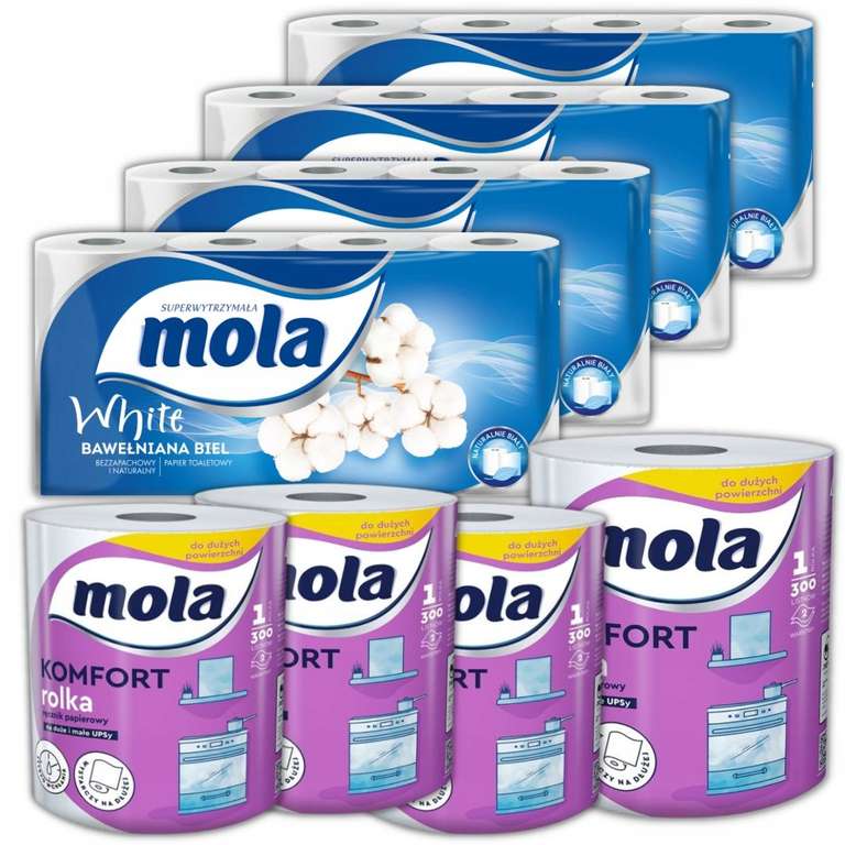 4 × Papier toaletowy bezzapachowy Mola 8 szt. + 4 × Ręcznik papierowy z celulozy Mola Komfort biały 300 listków @ Allegro