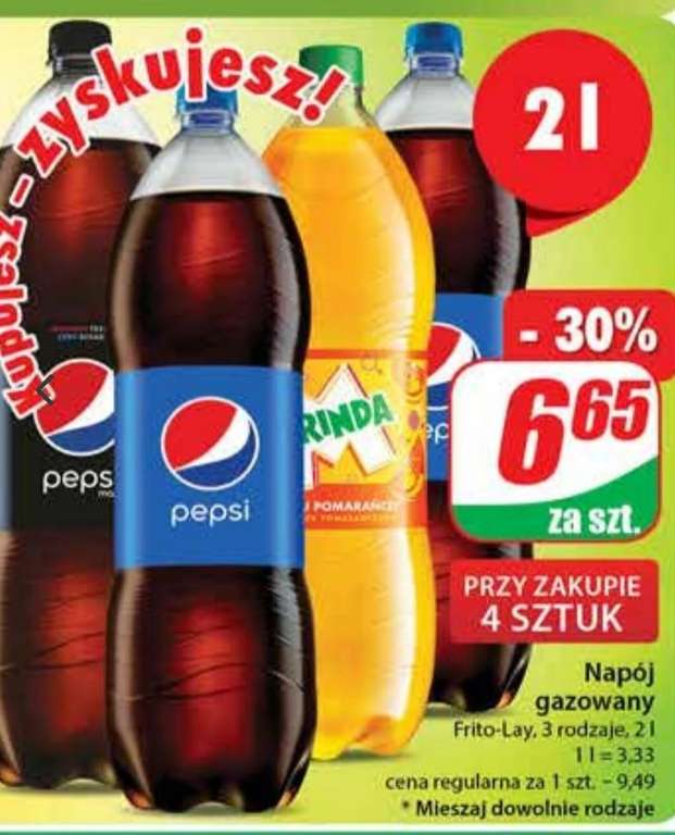 Pepsi Pepsi max i Mirinda 2 l po 6,65 zł za sztukę przy zakupie 4