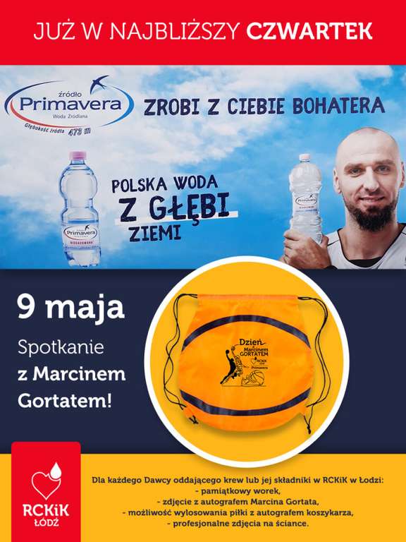 Oddaj krew w RCKiK Łódź, spotkaj się z byłym zawodnikiem NBA Marcinem Gortatem i odbierz worek oraz wspólne zdjęcie z jego autografem