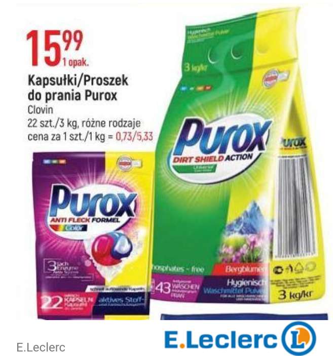 Proszek do prania 3kg Purox 37gr/pranie lub kapsułki Leclerc
