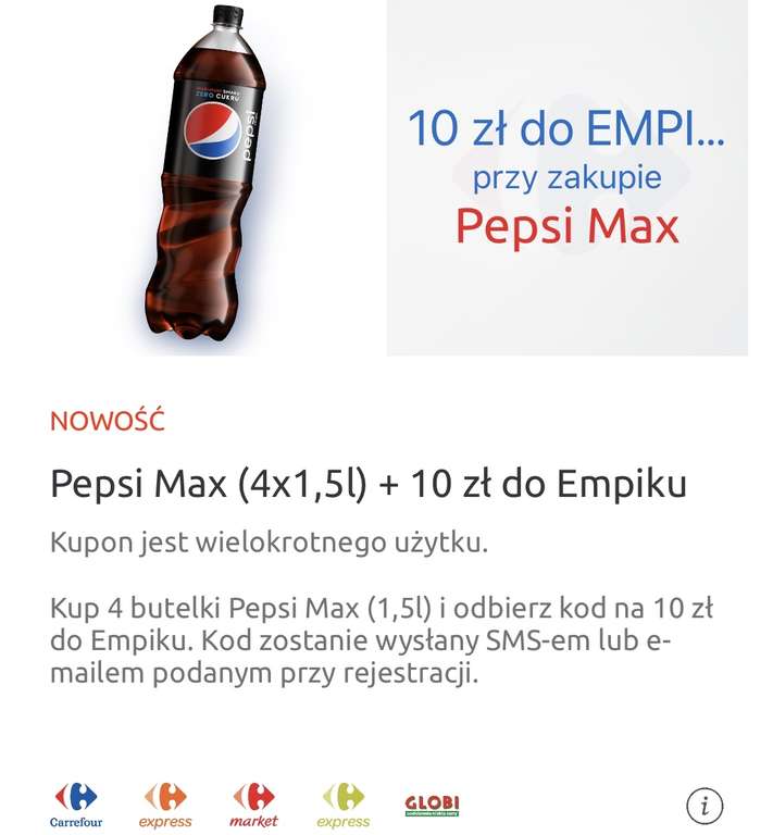 Kup 4x1,5l Pepsi Max i odbierz kod zniżkowy 10zł do Empik (finalnie 9,96 za 4-pak + bon 10zł) @carrefour