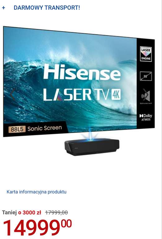 Telewizor Laser TV HISENSE HE88L5V 88" 4K Dolby Atmos DVB-T2/HEVC/H.265
