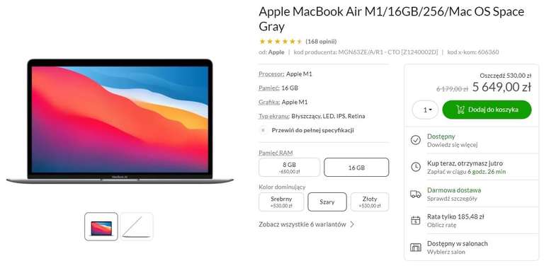 Apple MacBook Air M1/16GB/256/Mac OS Space Gray + kod 500 zł na kolejne zamówienie
