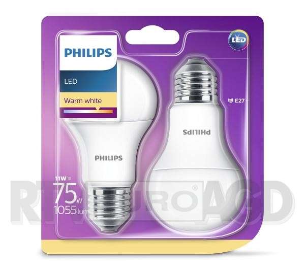 Żarówka Philips LED x2 - 11 W (75 W), 2700 K ciepła biel, E27 - 7,50 zł / sztuka, darmowy odbiór w sklepie