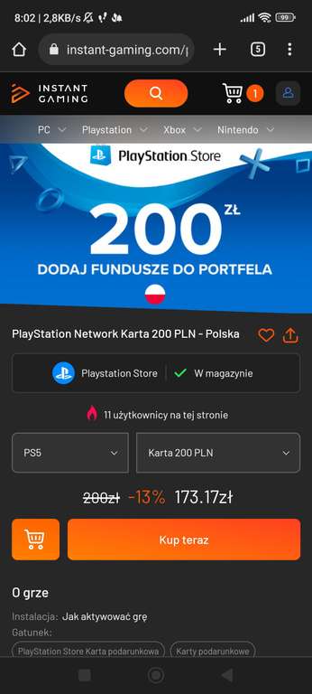 Doładowanie PlayStation Network 200zl za 173