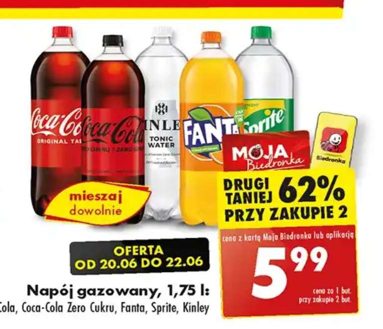 Napój gazowany Coca Cola, Coca Cola Zero, Fanta, Sprite, Kinley 1,75 l, @Biedronka Drugi taniej 62% przy zakupie 2