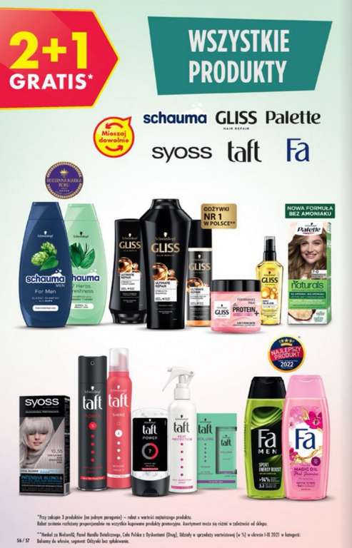 Wszystkie produkty marek Schauma, Gliss, Palette, Syoss, Taft, Fa dostępne w promocji 2+1 gratis w Biedronce - mieszaj dowolnie