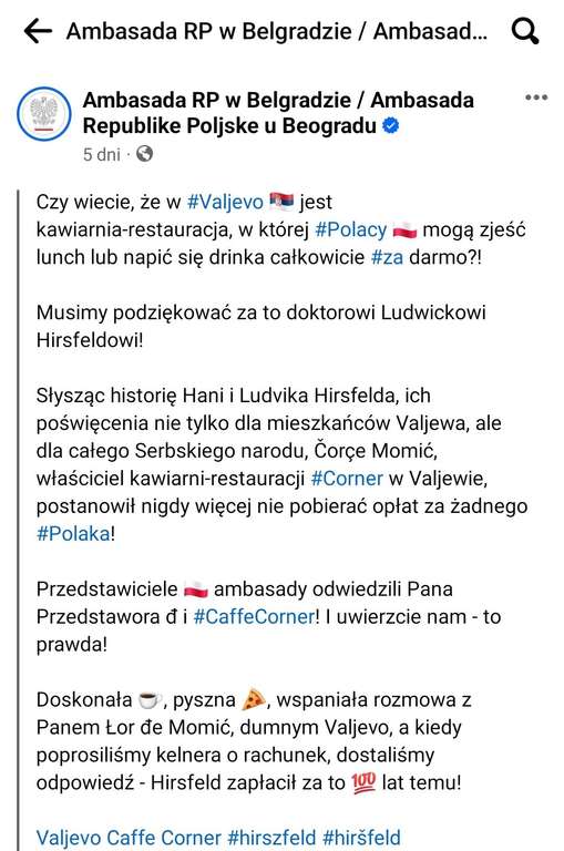 Darmowy posiłek (lunch) oraz kawa lub drink dla każdego Polaka odwiedzającego restaurację Corner w Serbii