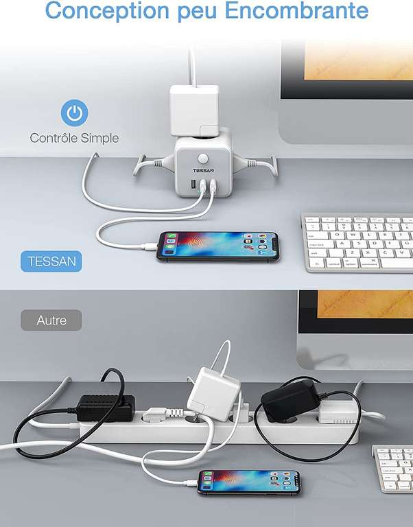 TESSAN Kostka zasilająca USB, wiele gniazd USB z gniazdami 3 i portami USB 3, przewód 1.5 metra