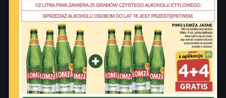 Piwo Łomża Jasne, butelka bezzwrotna 500 ml, 4+4 z aplikacją. (max. 8 szt.gratis/aplikację)