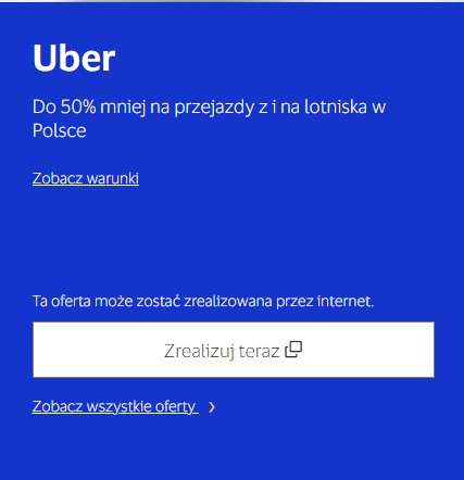 Uber - 50% zniżki (max.15zł przejazd) na 2 przejazdy z/na lotniska w Polsce przy płatności Visa