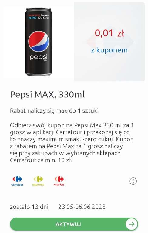 CARREFOUR - Pepsi MAX 330ml za 1 grosz