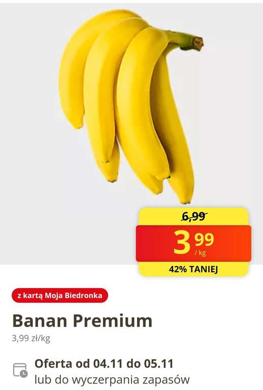 Banany 3.99zl/kg z aplikacją moja biedronka (kupon dostępny we wszystkich aplikacjach, bez limitu kg)