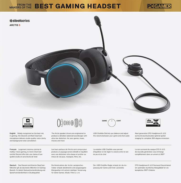 SteelSeries Arctis 5, gamingowy zestaw słuchawkowy z podświetleniem RGB i DTS Headphone:X v2.0 Surround na PC i PlayStation 5, PS4 - czarny