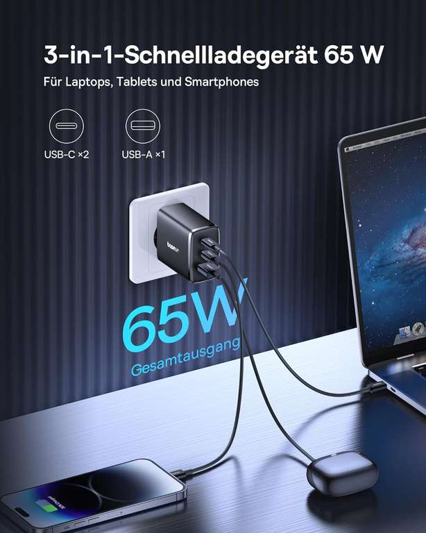 Baseus Ładowarka zasilacz USB C 65W, 3-porty, PD, PPS (cena z Prime)
