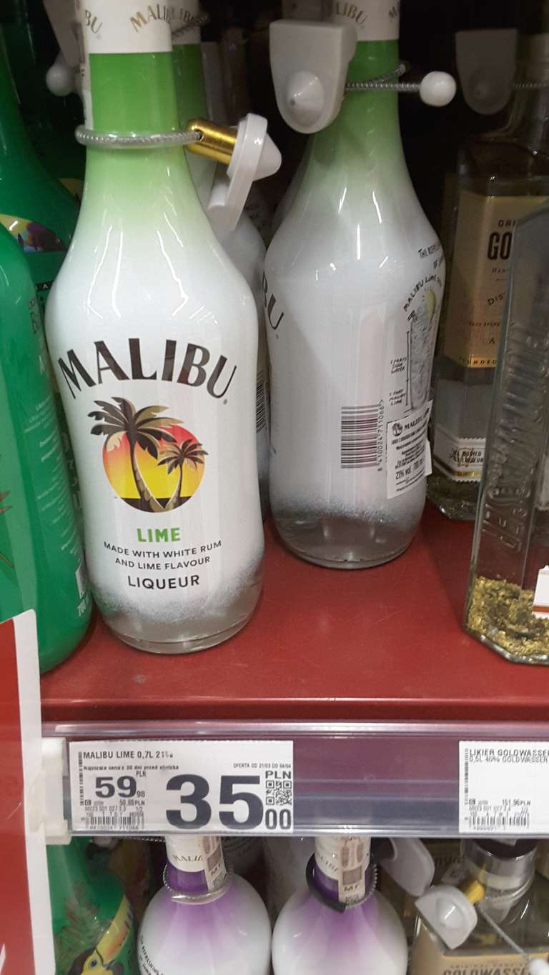 Likier kokosowy Malibu na bazie karaibskiego rumu z palemkami i ekstraktem z limonki do mleka, Lime, 21%, butelka 0,7 l w Auchan