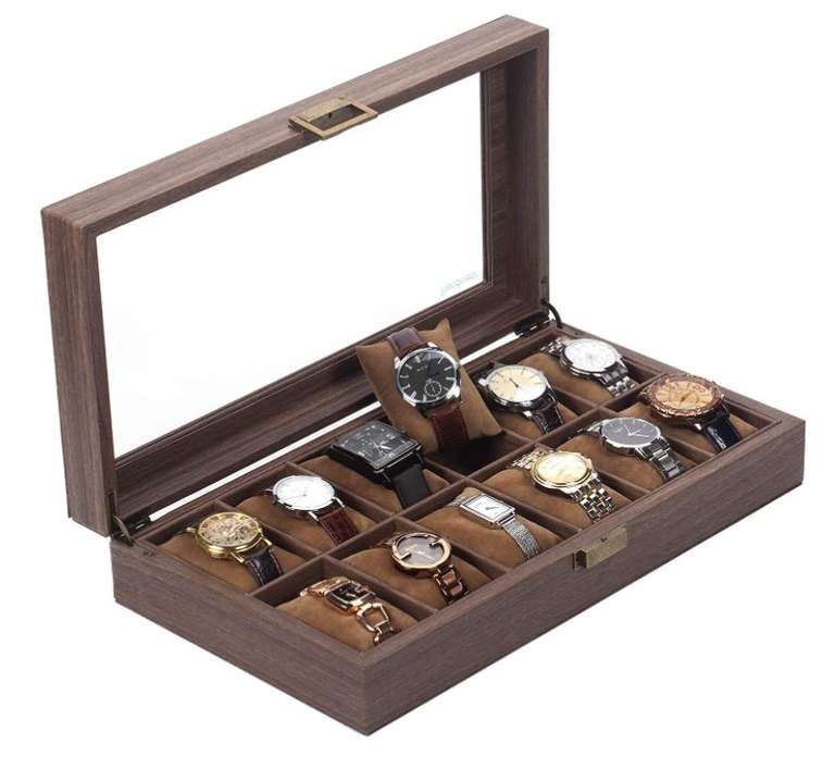 Pudełko do przechowywania zegarków, ze sztucznej skóry i prawdziwego szkła (zegarek)